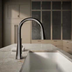Pull-down kitchen sink faucet with three-function sprayhead