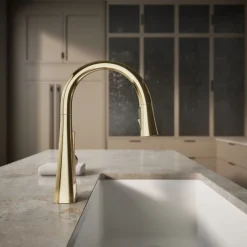 Pull-down kitchen sink faucet with three-function sprayhead