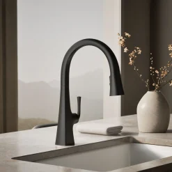 Pull-down kitchen sink faucet with three-function sprayhead