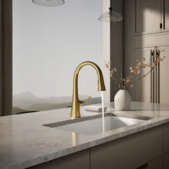 Pull-down kitchen sink faucet with three-function sprayhead