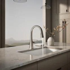 Pull-down kitchen sink faucet with three-function sprayhead