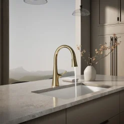 Pull-down kitchen sink faucet with three-function sprayhead