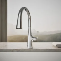 Pull-down kitchen sink faucet with three-function sprayhead