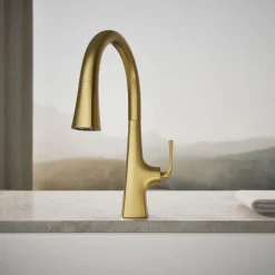 Pull-down kitchen sink faucet with three-function sprayhead