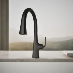 Pull-down kitchen sink faucet with three-function sprayhead