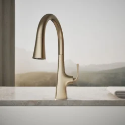 Pull-down kitchen sink faucet with three-function sprayhead