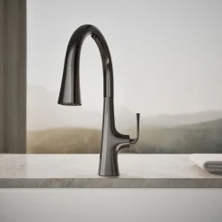 Pull-down kitchen sink faucet with three-function sprayhead