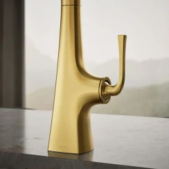Pull-down kitchen sink faucet with three-function sprayhead