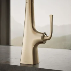 Pull-down kitchen sink faucet with three-function sprayhead