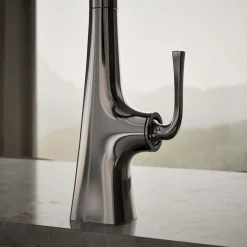 Pull-down kitchen sink faucet with three-function sprayhead