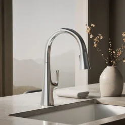 Pull-down kitchen sink faucet with three-function sprayhead