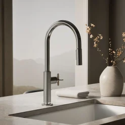 Pull-down kitchen sink faucet with two-function sprayhead