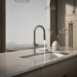 Pull-down kitchen sink faucet with two-function sprayhead