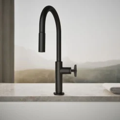 Pull-down kitchen sink faucet with two-function sprayhead