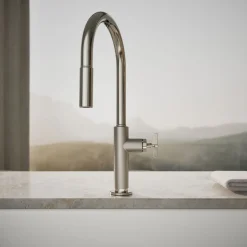 Pull-down kitchen sink faucet with two-function sprayhead