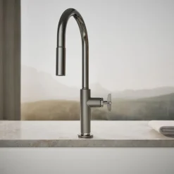 Pull-down kitchen sink faucet with two-function sprayhead