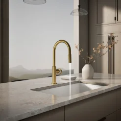 Pull-down kitchen sink faucet with two-function sprayhead