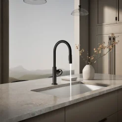 Pull-down kitchen sink faucet with two-function sprayhead
