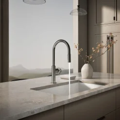 Pull-down kitchen sink faucet with two-function sprayhead