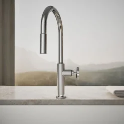 Pull-down kitchen sink faucet with two-function sprayhead