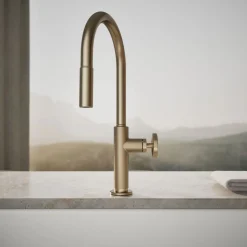 Pull-down kitchen sink faucet with two-function sprayhead