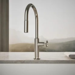 Pull-down kitchen sink faucet with two-function sprayhead