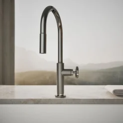 Pull-down kitchen sink faucet with two-function sprayhead