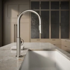 Pull-down kitchen sink faucet with two-function sprayhead
