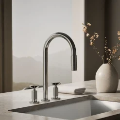 Pull-down kitchen sink faucet with two-function sprayhead