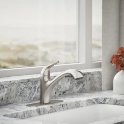 Pull-out kitchen sink faucet with two-function sprayhead