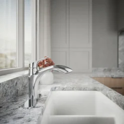 Pull-out kitchen sink faucet with two-function sprayhead