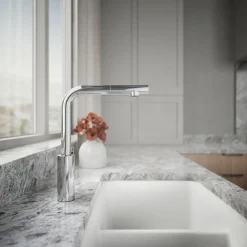 Pull-out kitchen sink faucet with two-function sprayhead