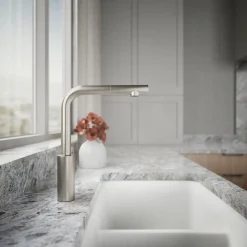 Pull-out kitchen sink faucet with two-function sprayhead