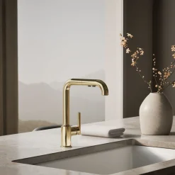 Pull-out kitchen sink faucet with three-function sprayhead