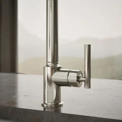Pull-out kitchen sink faucet with three-function sprayhead