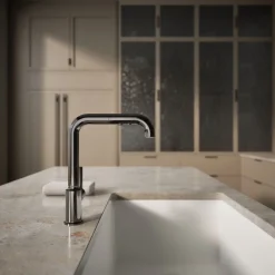 Pull-out kitchen sink faucet with three-function sprayhead