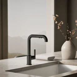 Pull-out kitchen sink faucet with three-function sprayhead