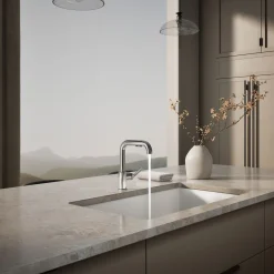 Pull-out kitchen sink faucet with three-function sprayhead