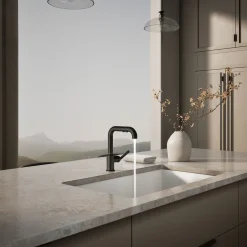 Pull-out kitchen sink faucet with three-function sprayhead