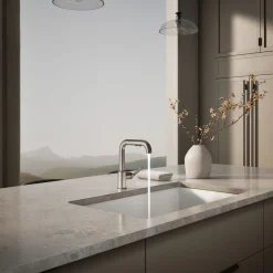 Pull-out kitchen sink faucet with three-function sprayhead