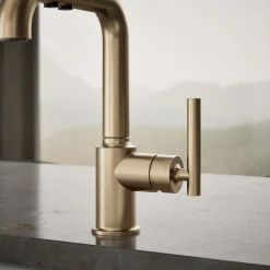 Pull-out kitchen sink faucet with three-function sprayhead