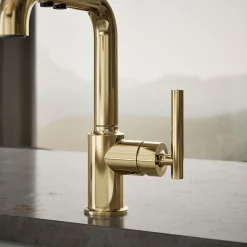 Pull-out kitchen sink faucet with three-function sprayhead