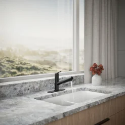 Pull-out kitchen sink faucet with three-function sprayhead