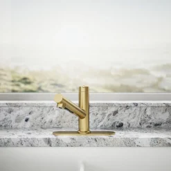 Pull-out kitchen sink faucet with three-function sprayhead