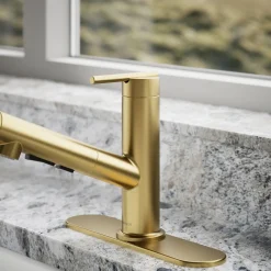 Pull-out kitchen sink faucet with three-function sprayhead