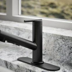 Pull-out kitchen sink faucet with three-function sprayhead