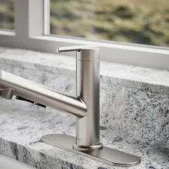 Pull-out kitchen sink faucet with three-function sprayhead