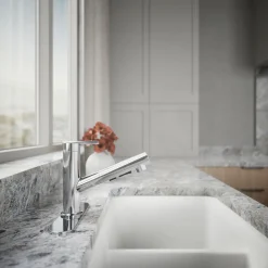 Pull-out kitchen sink faucet with three-function sprayhead