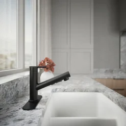Pull-out kitchen sink faucet with three-function sprayhead