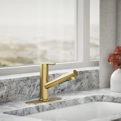 Pull-out kitchen sink faucet with three-function sprayhead